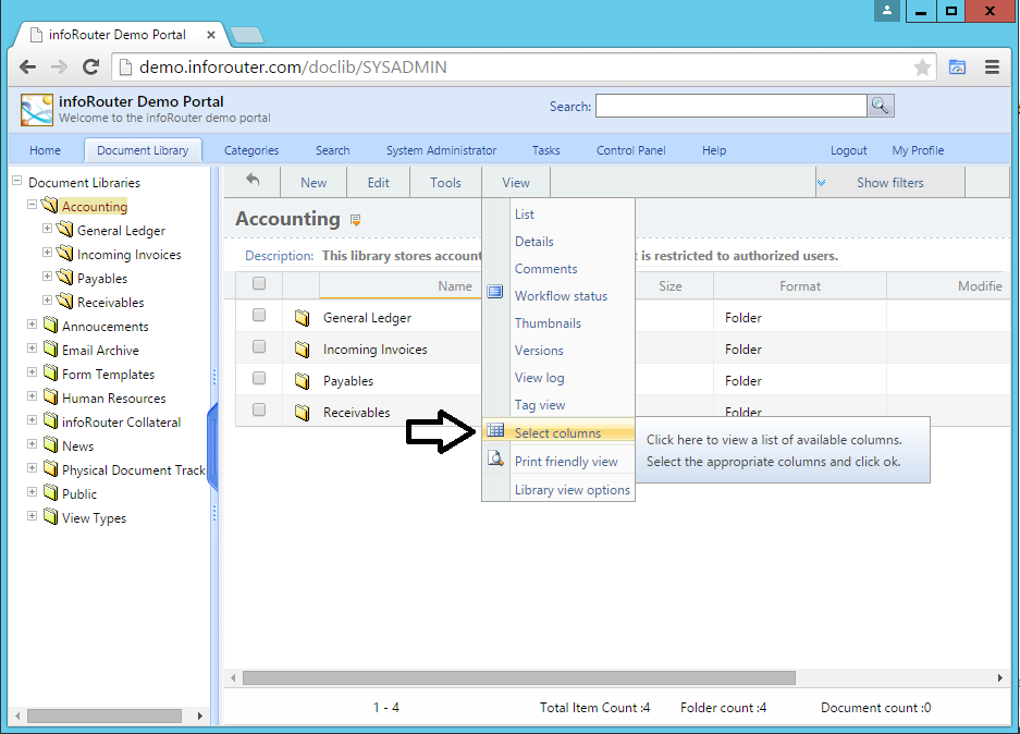 Selecting columns from the View menu