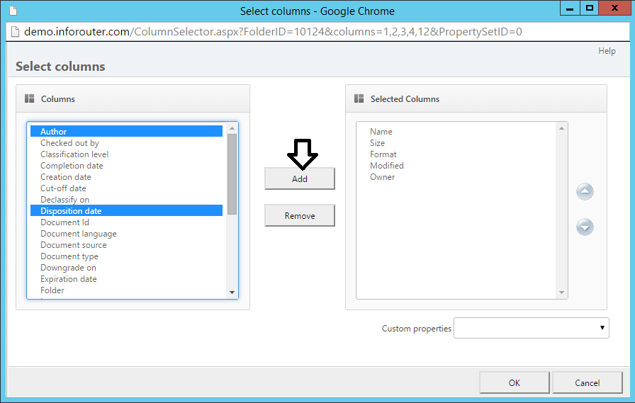 The column selector pop-up